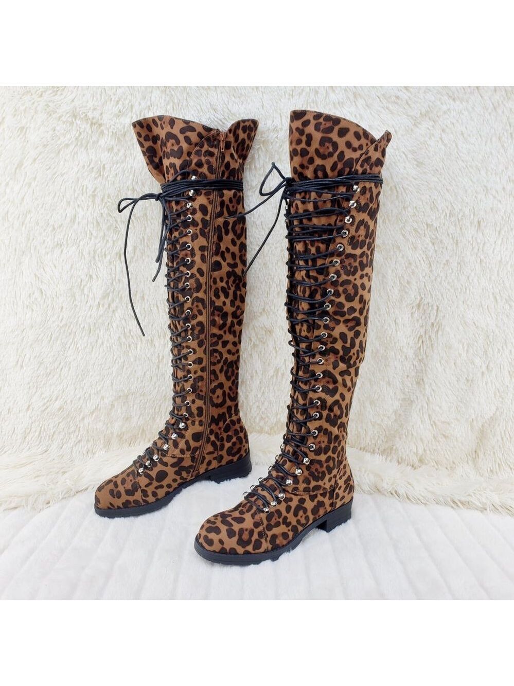 Leopard Corset Lace Over the Knee Riding Biker Boots